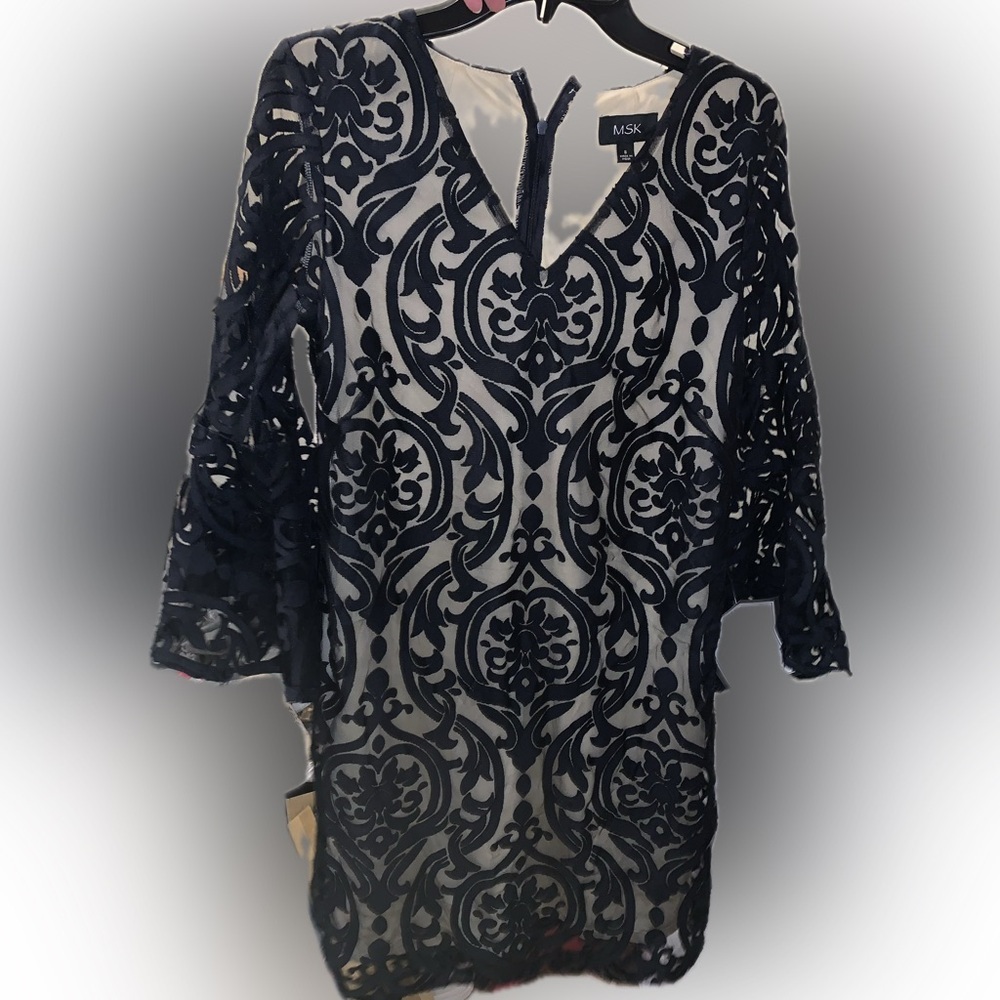 NWT MSK Navy Lace Bell-Sleeve Cocktail Dress – Size 8